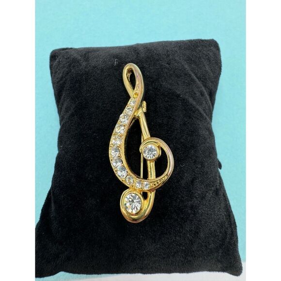 Vintage Gold Tone Music‎ Band Theme Brooch Pin Lot Of 5 Clef Trumpet Rhinestone - Picture 9 of 12